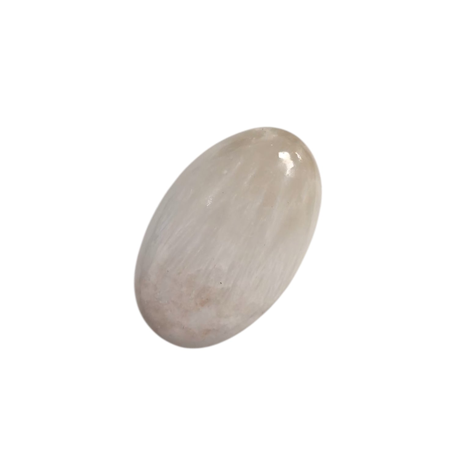 GeoFossils Scolecite Palm Stone – a smooth, white crystal for peace, emotional clarity, and spiritual connection.