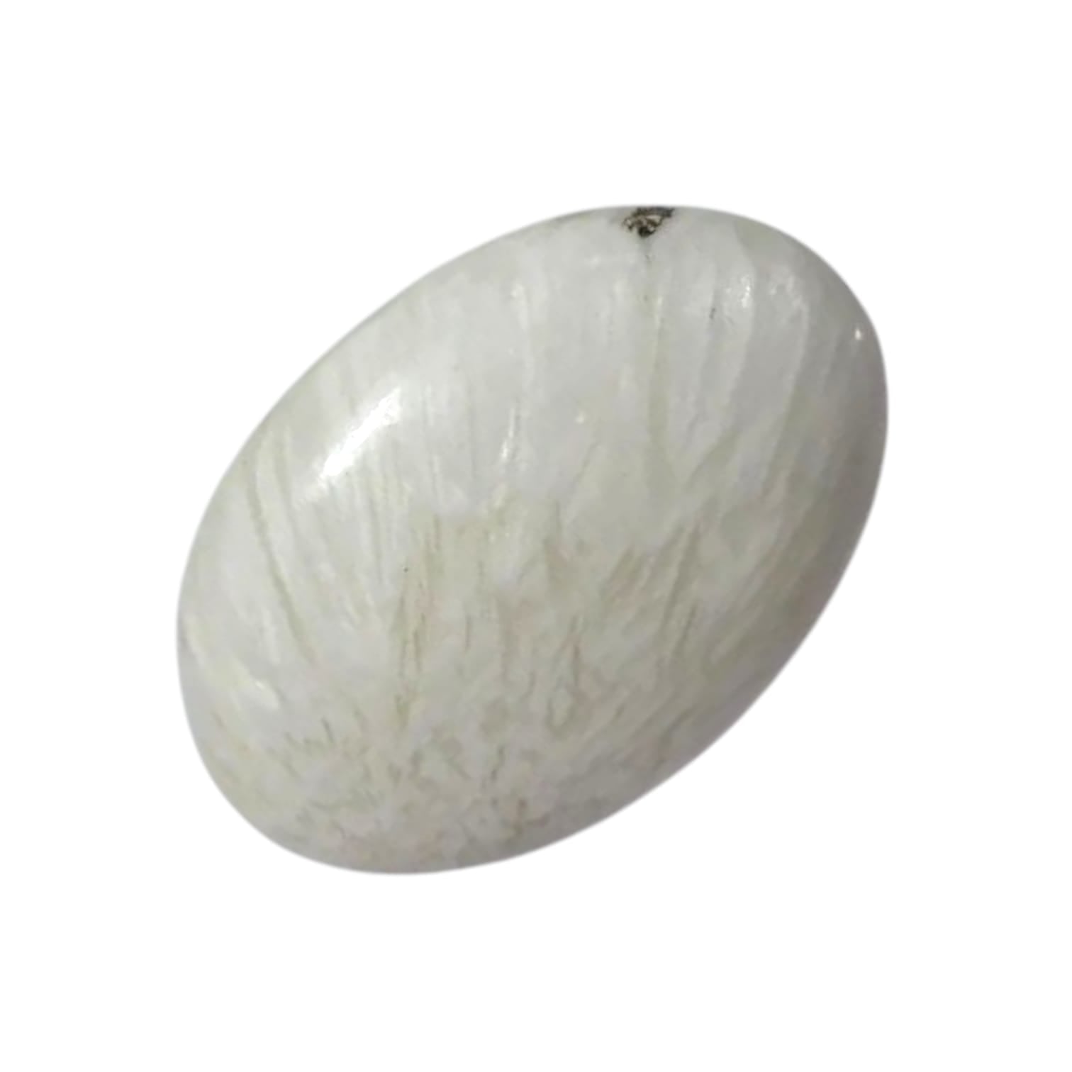 GeoFossils Scolecite Palm Stone – a smooth, white crystal for peace, emotional clarity, and spiritual connection.