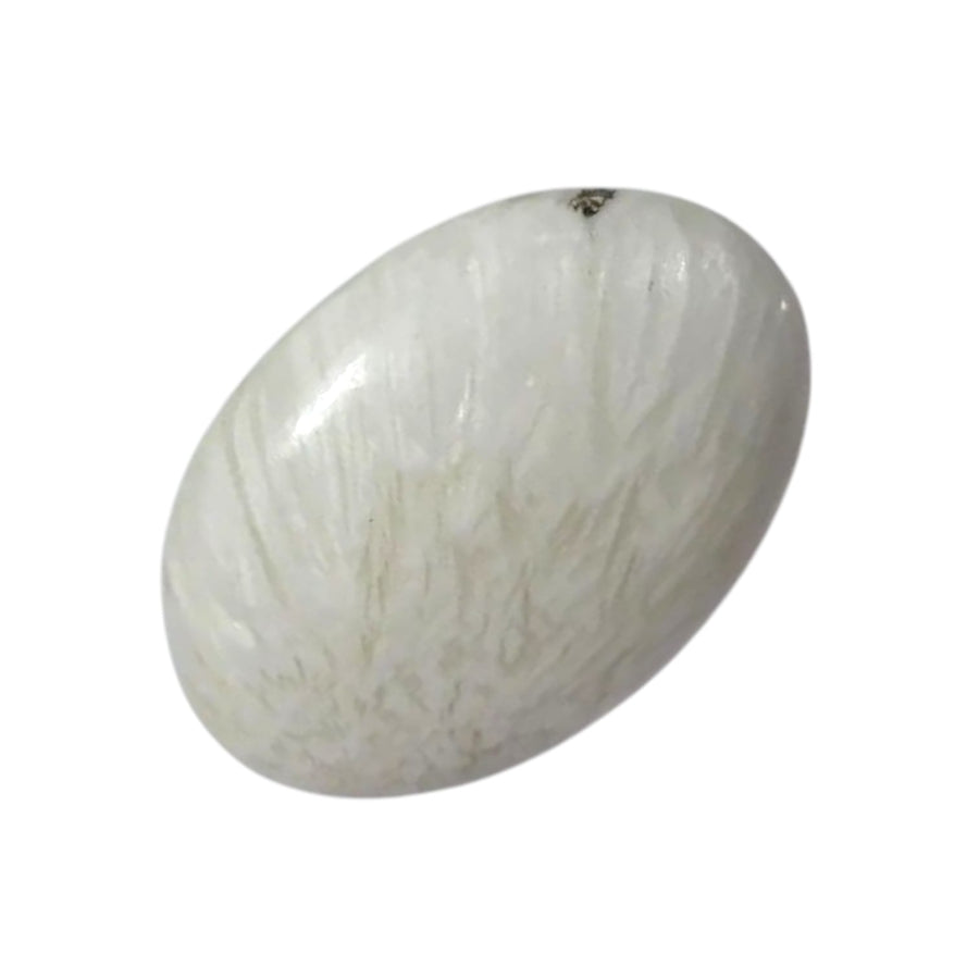 GeoFossils Scolecite Palm Stone – a smooth, white crystal for peace, emotional clarity, and spiritual connection.