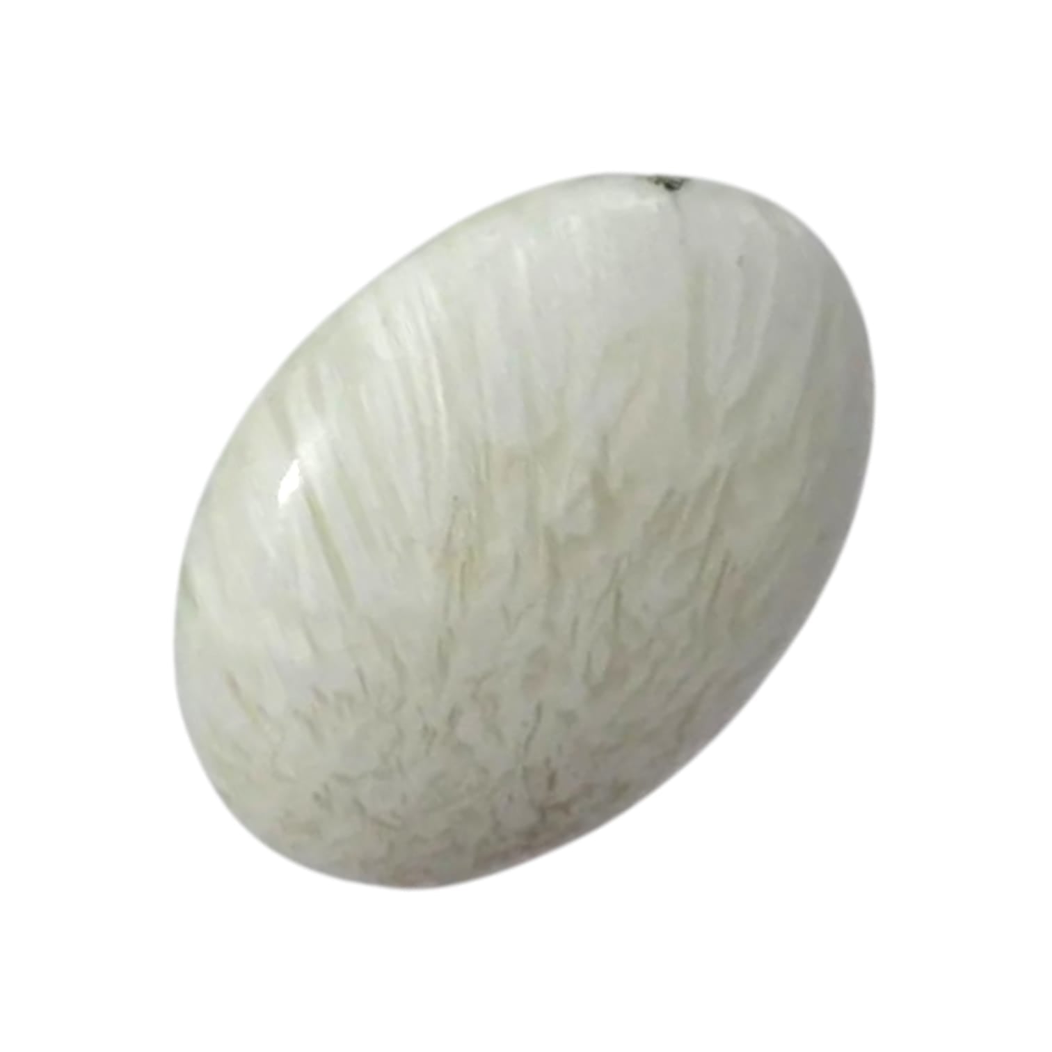 GeoFossils Scolecite Palm Stone – a smooth, white crystal for peace, emotional clarity, and spiritual connection.