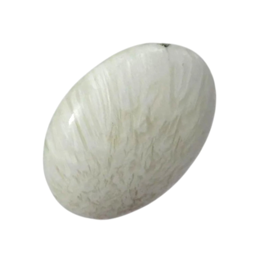 GeoFossils Scolecite Palm Stone – a smooth, white crystal for peace, emotional clarity, and spiritual connection.