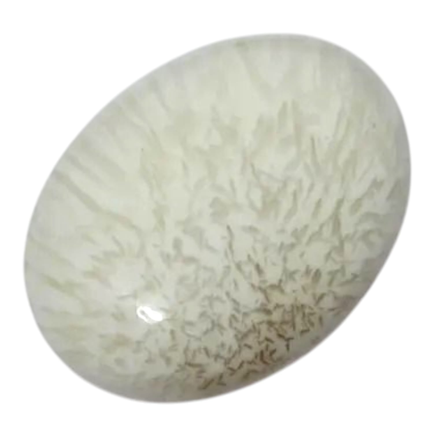 GeoFossils Scolecite Palm Stone – a smooth, white crystal for peace, emotional clarity, and spiritual connection.