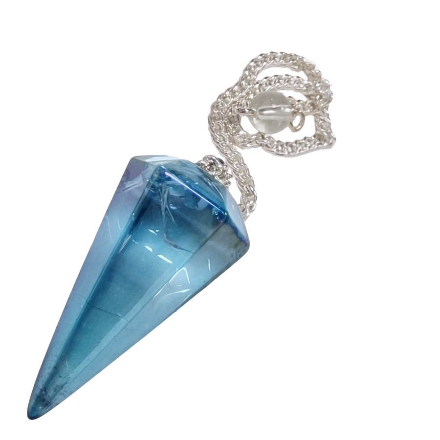 Blue shimmering Aqua Aura pendulum for spiritual connection and clarity