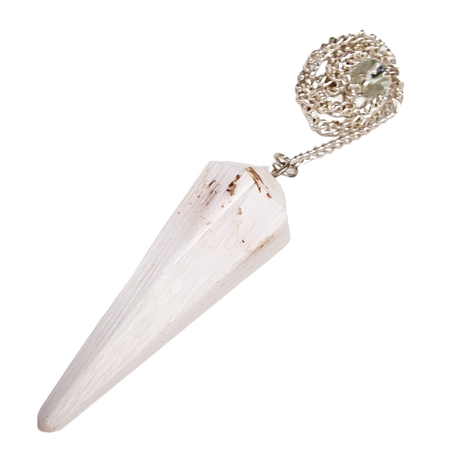 Scolecite crystal pendulum on neutral background for spiritual alignment