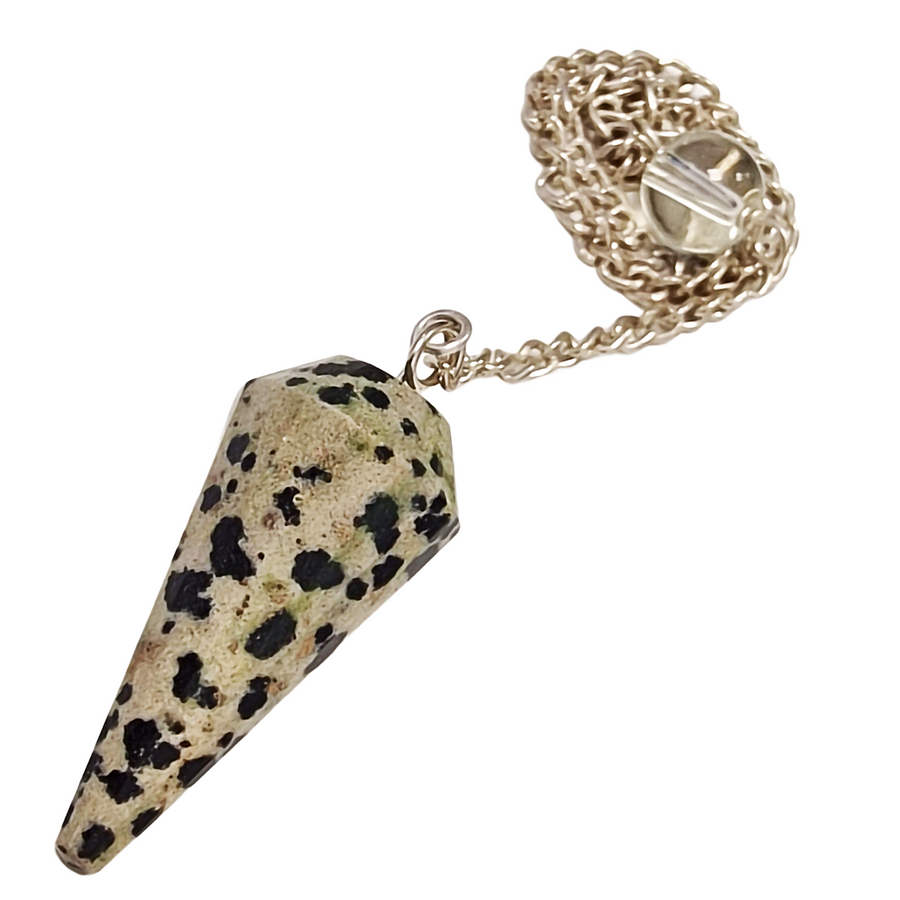 Dalmatian Stone pendulum with natural cream and black spots and silver-toned chain