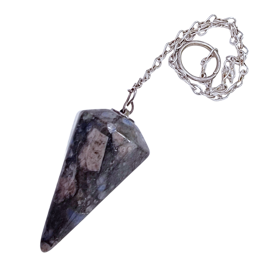 Que Sera pendulum (Llanite) showing multicoloured inclusions and silver chain