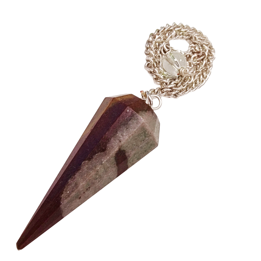 Shiva Lingam pendulum with silver-toned chain on white background