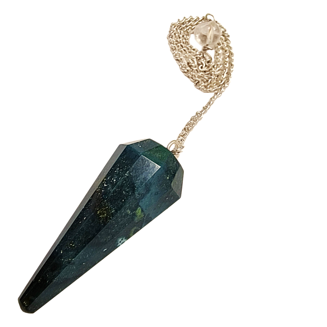 Bloodstone pendulum with deep green and red tones and silver-toned chain
