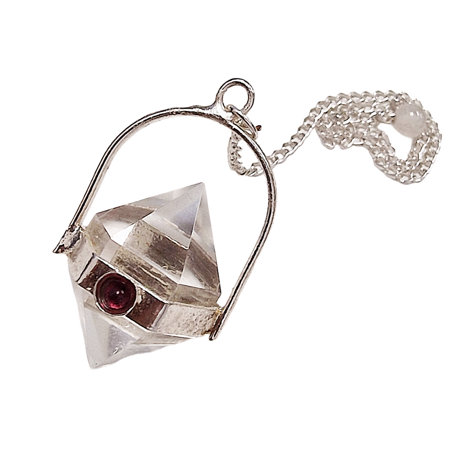 Herkimer Diamond with Garnet pendulum on silver-toned chain