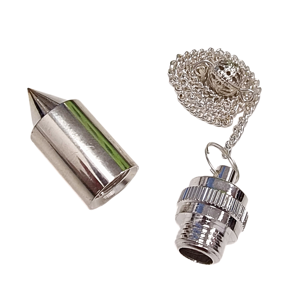 Empty silver effect point pendulum with chain on light background