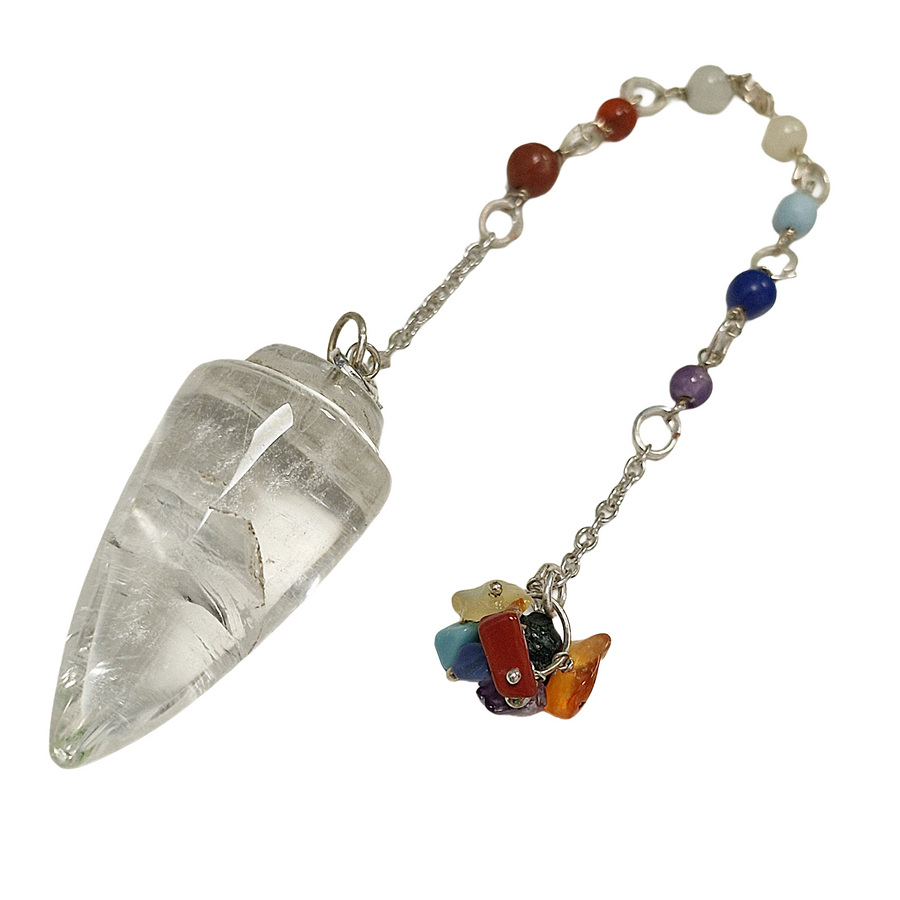 Smooth crystal quartz pendulum with chakra bead chain on light background