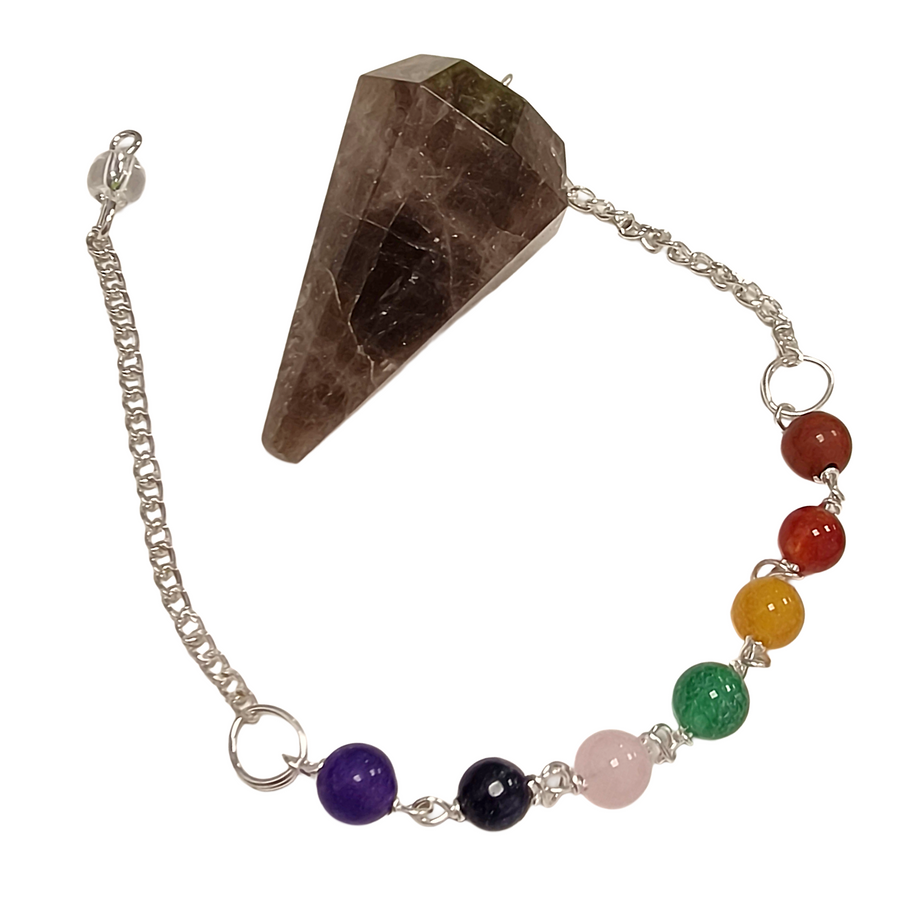 Polished smokey quartz point pendulum with detachable chakra bead bracelet chain
