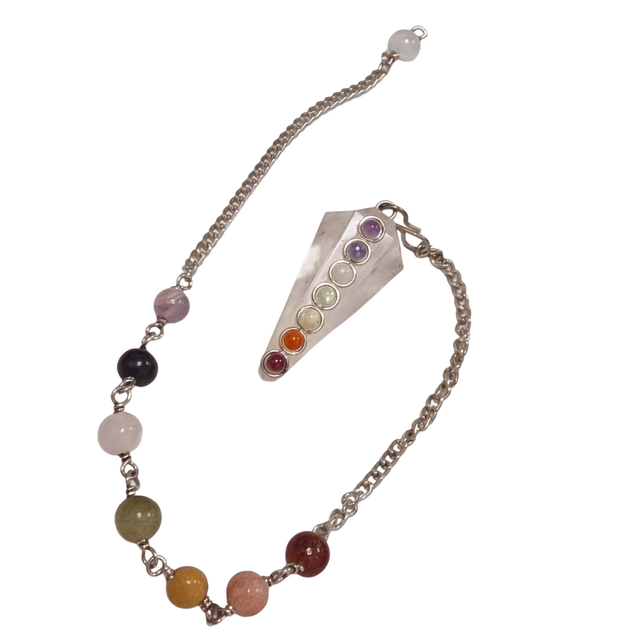 Polished crystal quartz point pendulum with detachable chakra bead bracelet chain