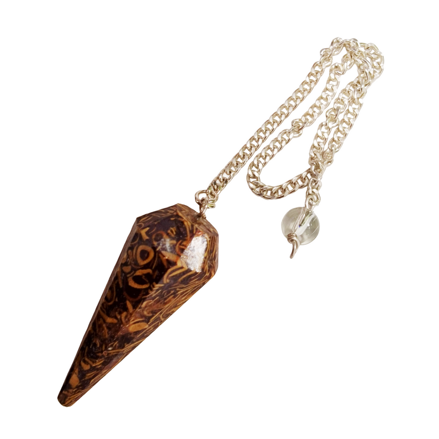 Calligraphy Stone pendulum with detailed fossil-like markings and silver chain