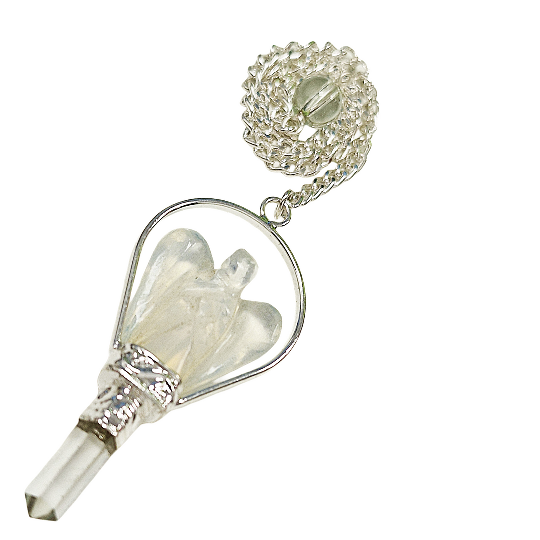 Hand-carved opalite angel-shaped pendulum for communication and balance