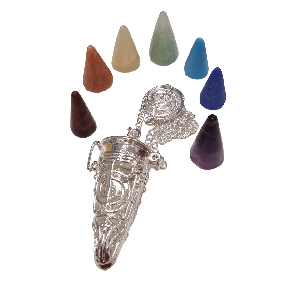 Reiki symbol pendulum with seven chakra cones for energy alignment