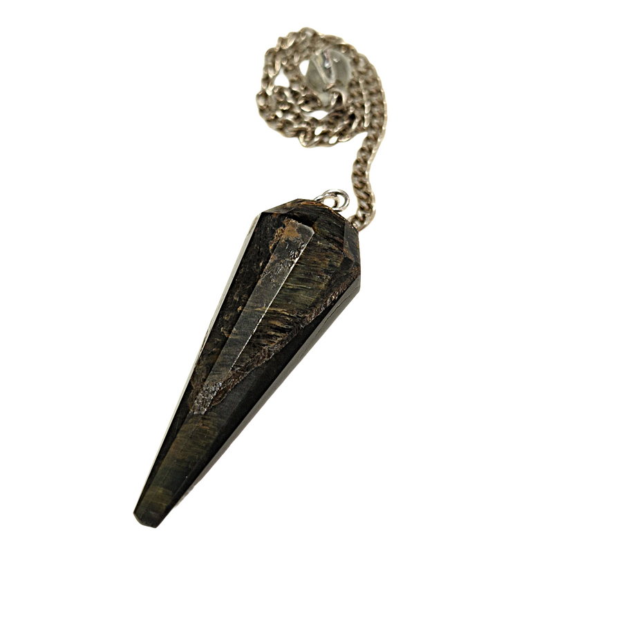 Tiger iron crystal pendulum showing red, golden, and dark banding