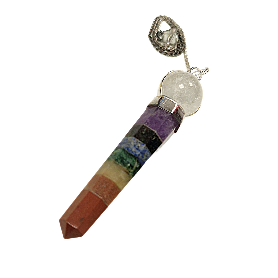 Bonded chakra point pendulum with clear quartz sphere on chain