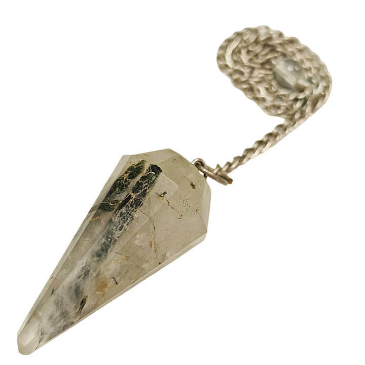 Quartz pendulum with green tourmaline inclusions for divination