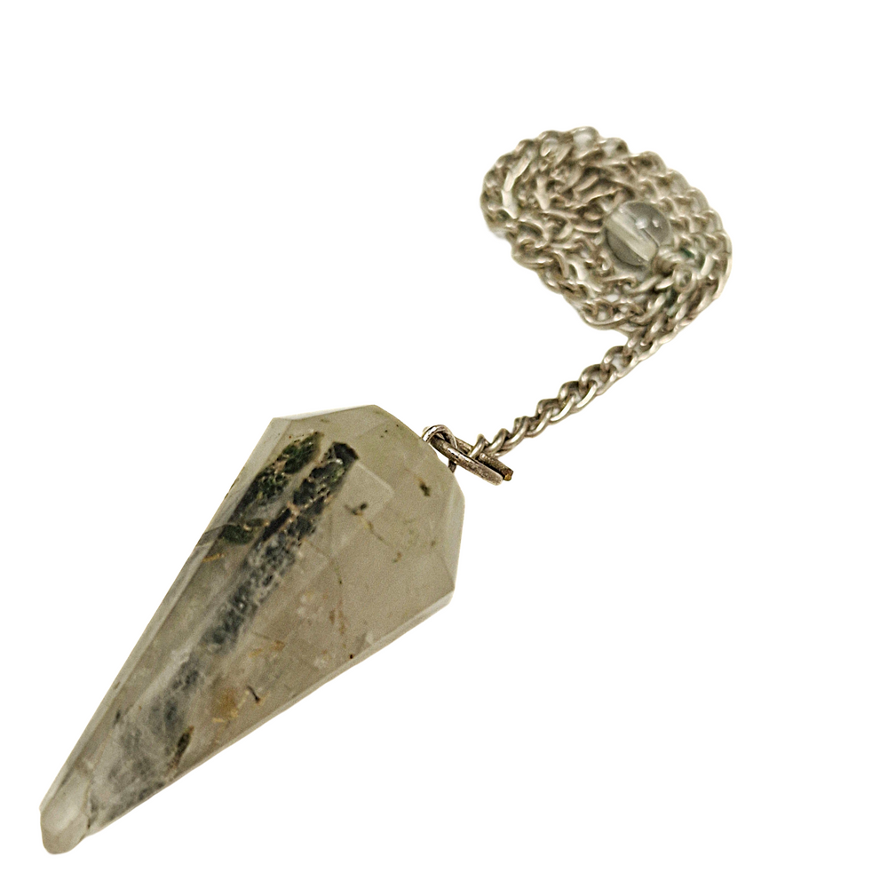 Green tourmaline in quartz pendulum with silver-toned chain