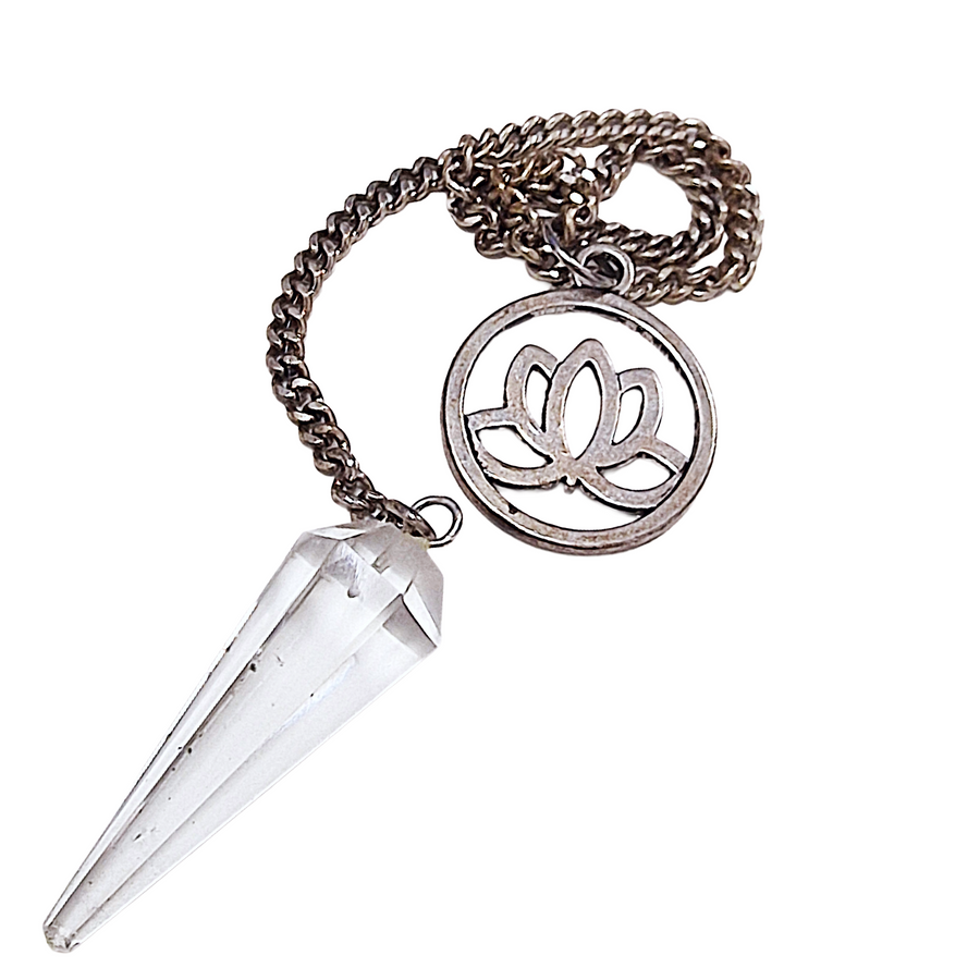 Clear quartz pendulum with lotus flower charm for spiritual balance