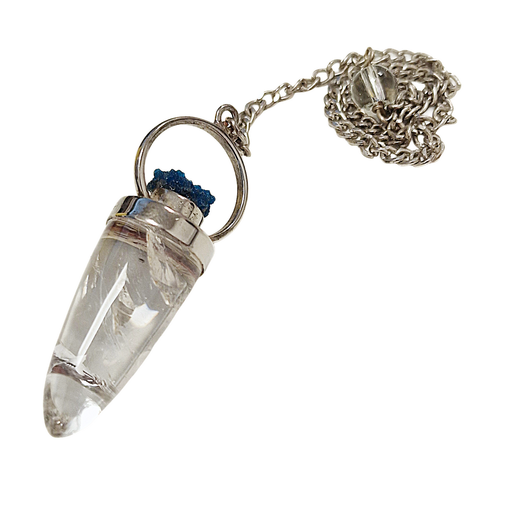Blue cavansite crystal with quartz cone pendulum for divination
