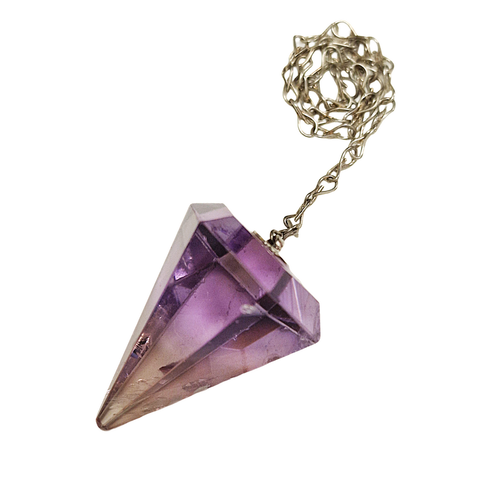 Polished ametrine pendulum crystal showing purple and golden hues