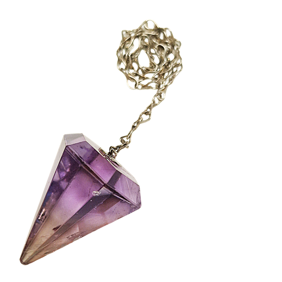 Ametrine pendulum with silver-toned chain on white background