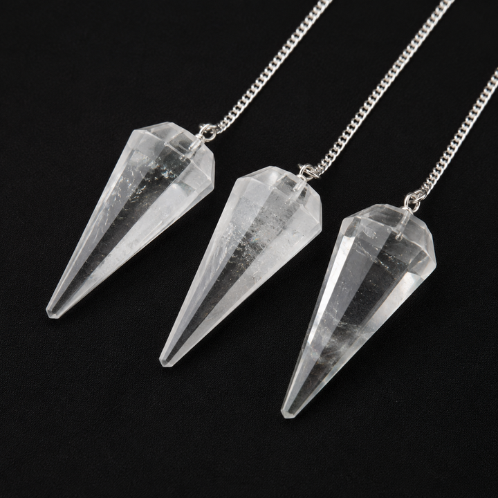 Clear Quartz (Crystal Quartz) 6 Sided Pendulum with Clear Quartz Holding Bead