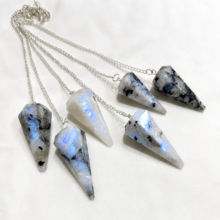 Rainbow Moonstone 6 Sided Pendulum with Clear Quartz Holding Bead