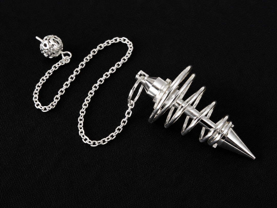 A silver metal pendulum with a coiled spring design and a matching chain with a small decorative bead, displayed on a black textured background.