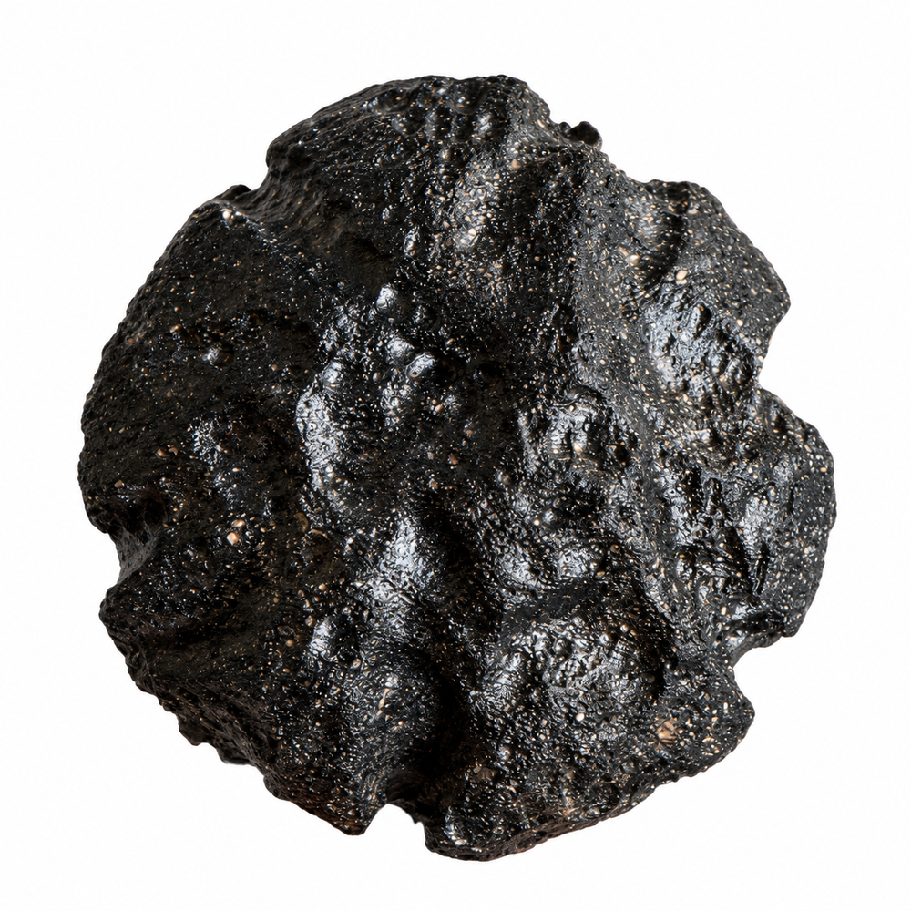 GeoFossils black Philippine tektite specimen with a glossy, deeply textured surface on a white background.
