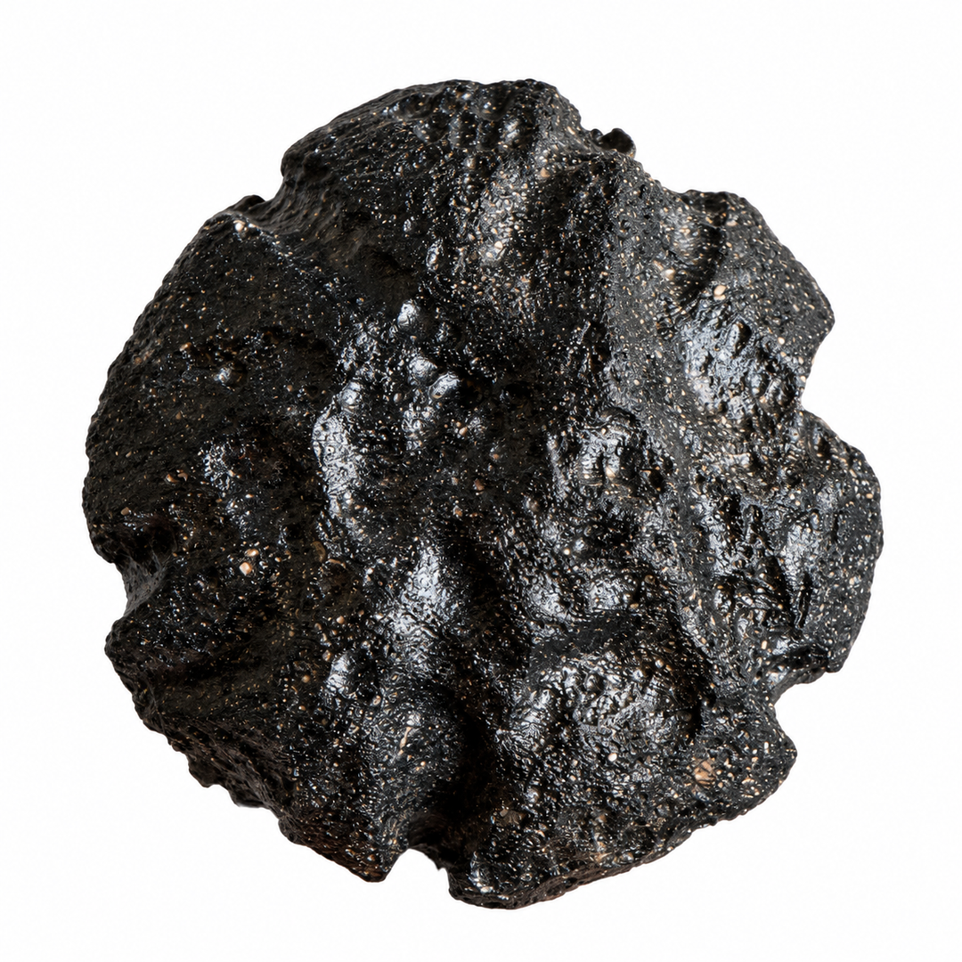 GeoFossils black Philippine tektite specimen with a glossy, deeply textured surface on a white background.