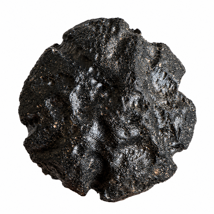 GeoFossils black Philippine tektite specimen with a glossy, deeply textured surface on a white background.