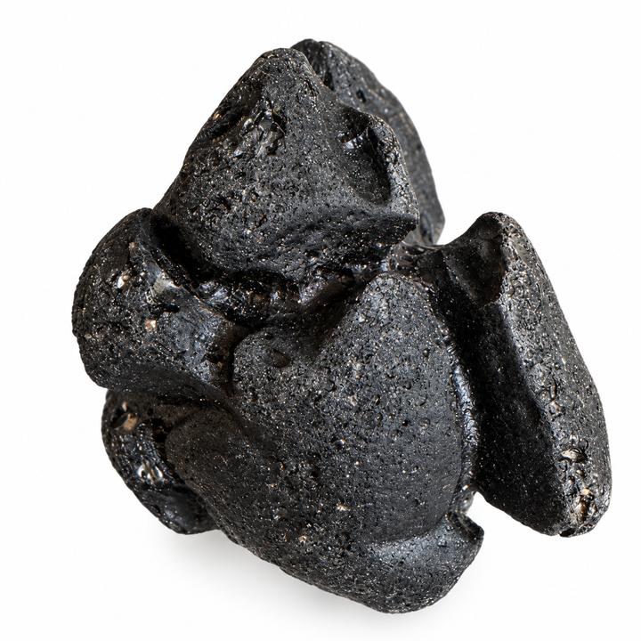 GeoFossils irregular Philippine tektite specimen with rounded lobes and porous surface texture on a white background.
