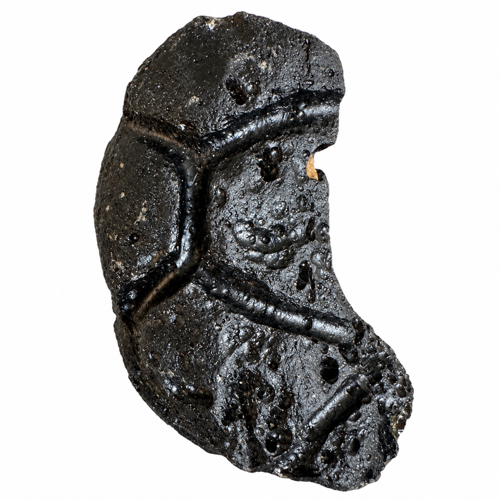 GeoFossils elongated Philippine tektite specimen with deep grooves and natural surface pits on a white background.