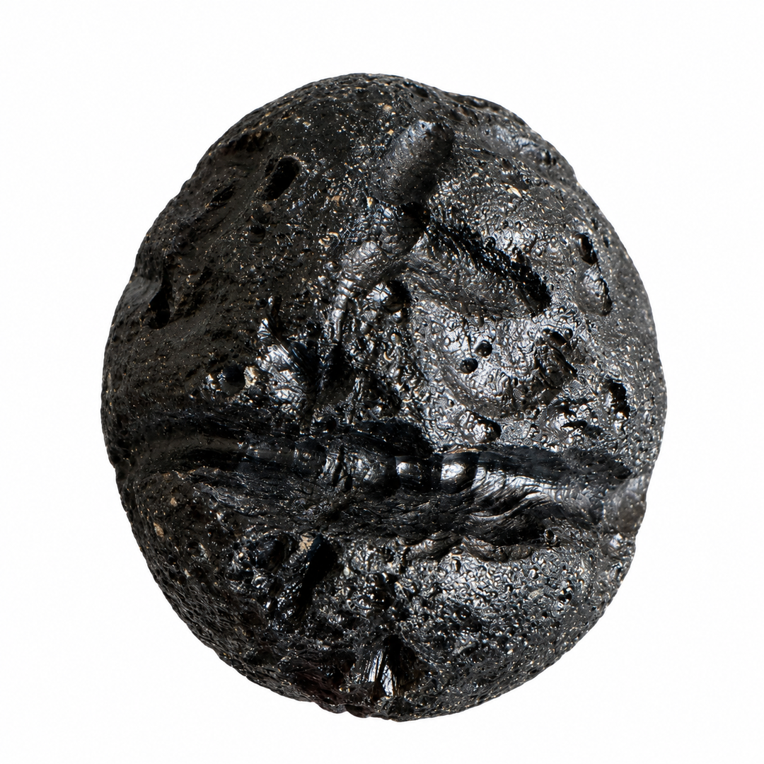 GeoFossils rounded Philippine tektite specimen with dark glossy texture and surface cavities on a white background