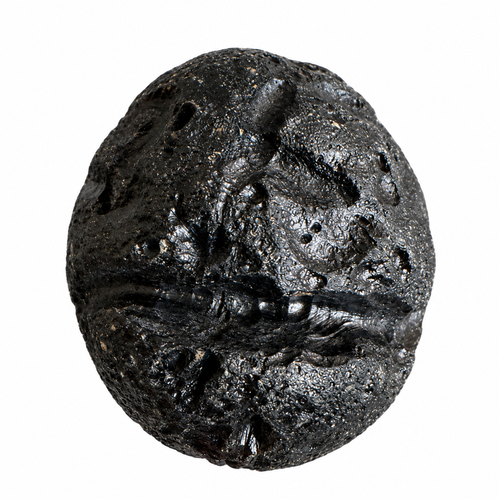 GeoFossils rounded Philippine tektite specimen with dark glossy texture and surface cavities on a white background