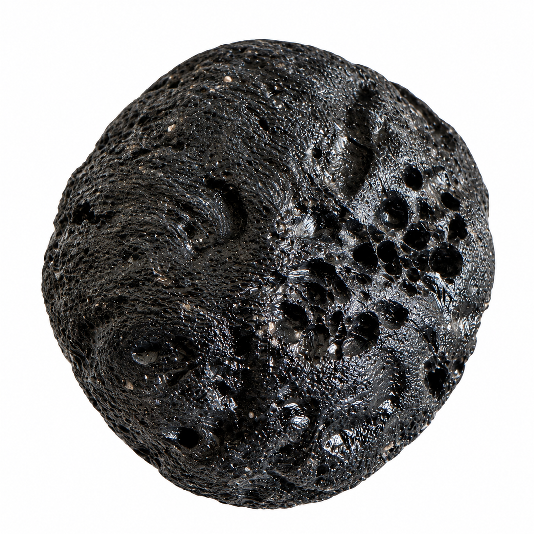 GeoFossils rounded Philippine tektite specimen with glossy black surface and vesicular texture on a white background.