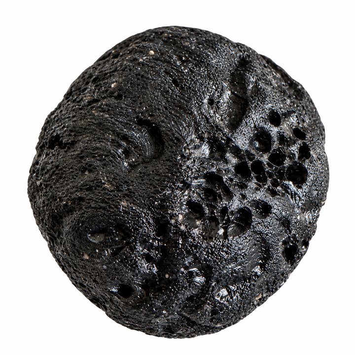 GeoFossils rounded Philippine tektite specimen with glossy black surface and vesicular texture on a white background.