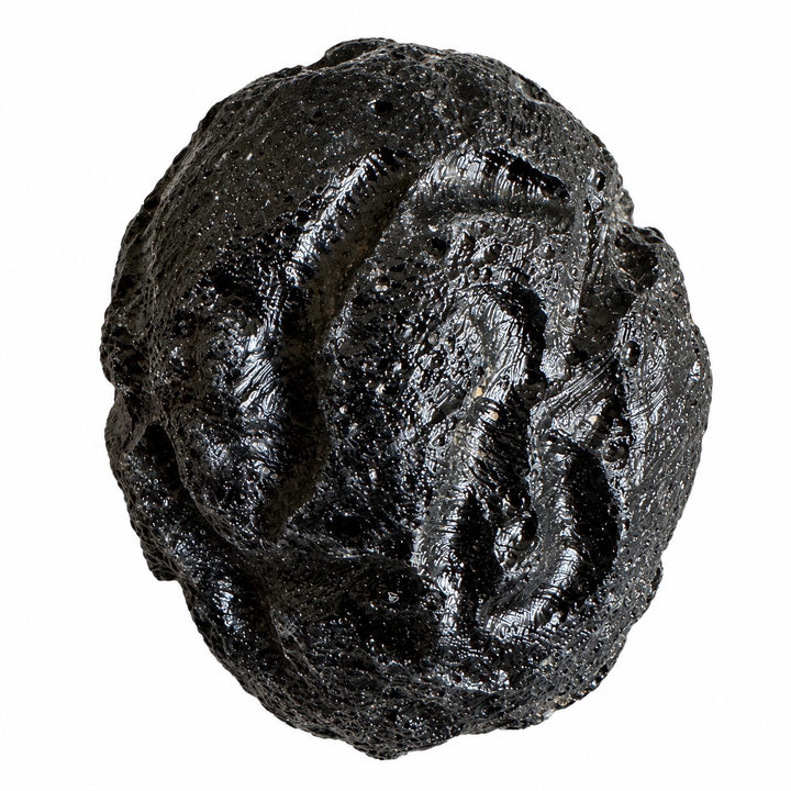 GeoFossils rounded Philippine tektite specimen with clustered pits and natural surface cavities on a white background.