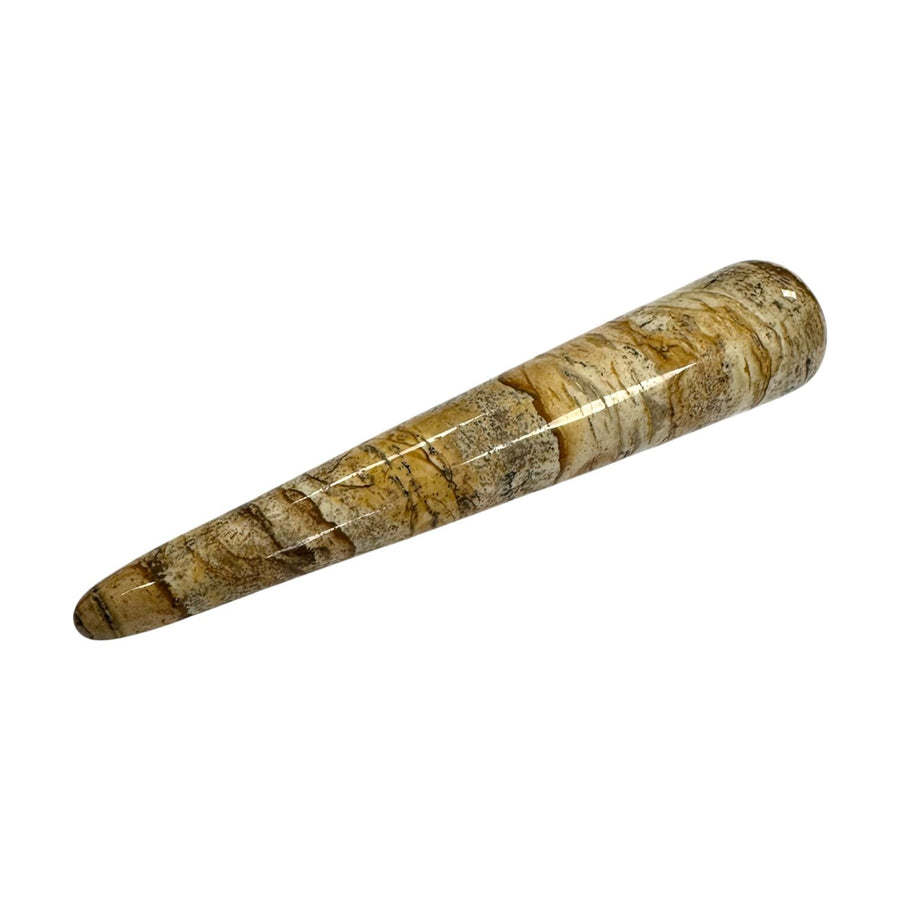 Polished Picture Jasper crystal massage wand featuring earthy brown and beige banded patterns, with a smooth cylindrical shape and rounded ends, designed for grounding massage therapy and connection to nature