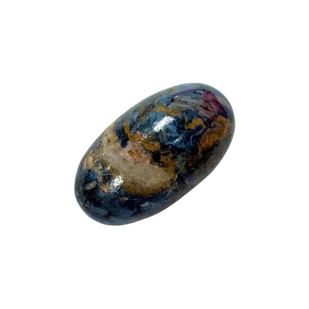 GeoFossils Unique Pietersite Shiva Lingham 30mm – exact crystal shown, polished tempest stone with golden and blue flashes for courage, clarity, and transformation.