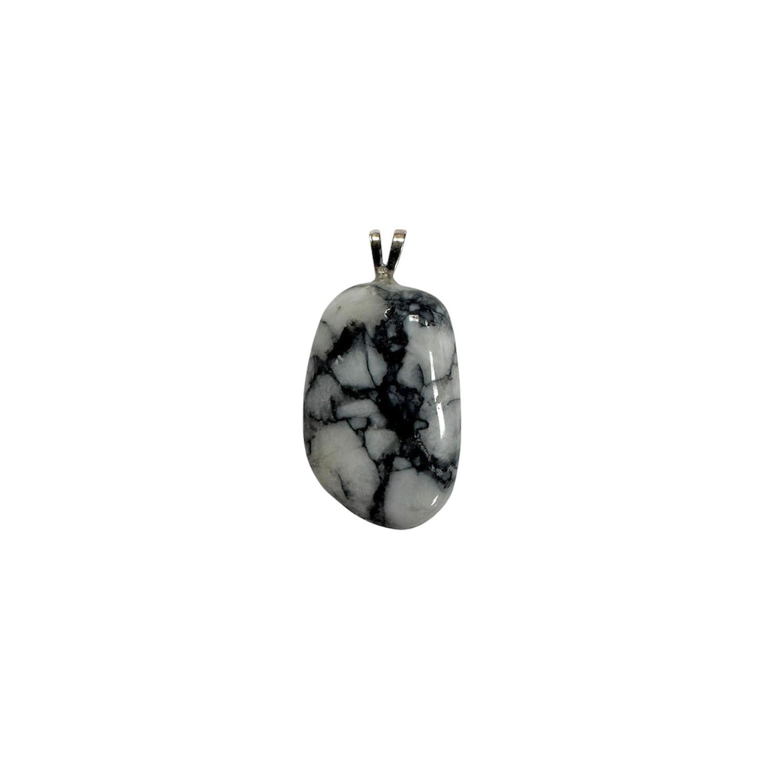 GeoFossils Pinolith Sterling Silver Pendant – Austrian grey-and-white pinolith crystal in sterling silver setting – calming and grounding jewellery – handmade in the UK.