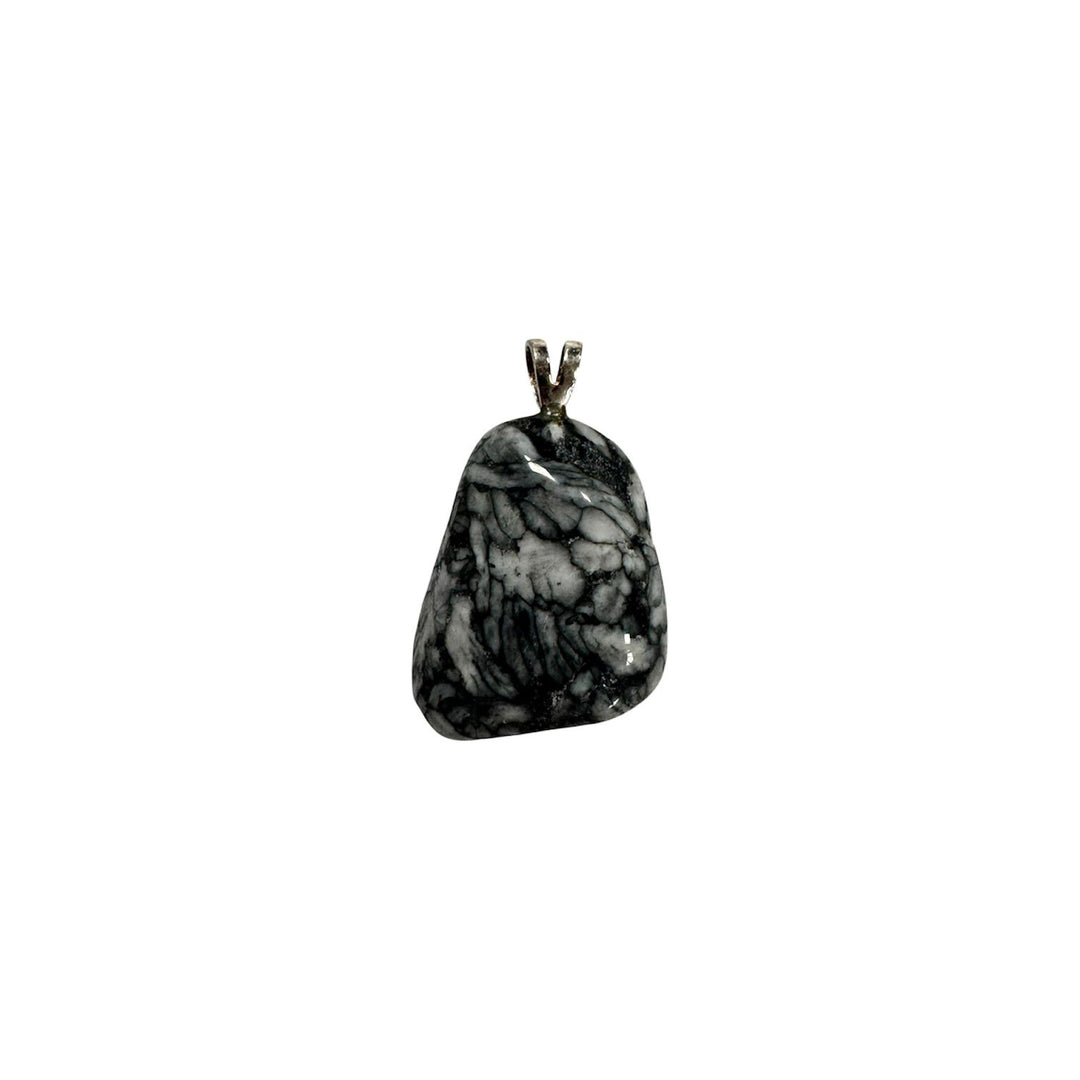 GeoFossils Pinolith Sterling Silver Pendant – Austrian grey-and-white pinolith crystal in sterling silver setting – calming and grounding jewellery – handmade in the UK.