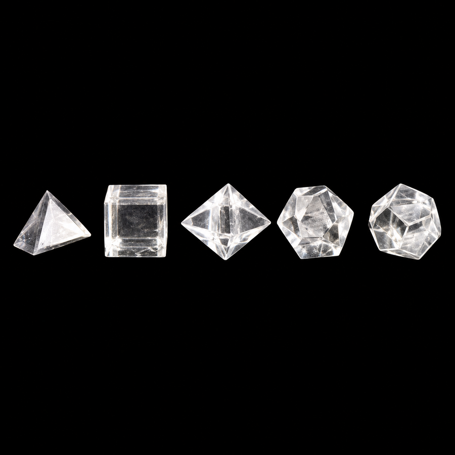 Five polished Clear Quartz Platonic solids showing transparent facets against a black background — GeoFossils.