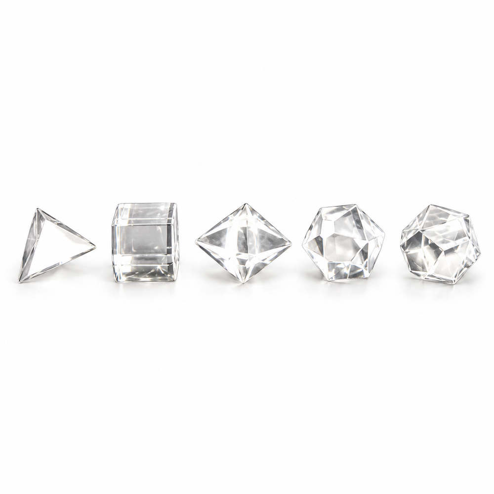 Five polished Clear Quartz Platonic solids arranged in a row on a white background — GeoFossils.