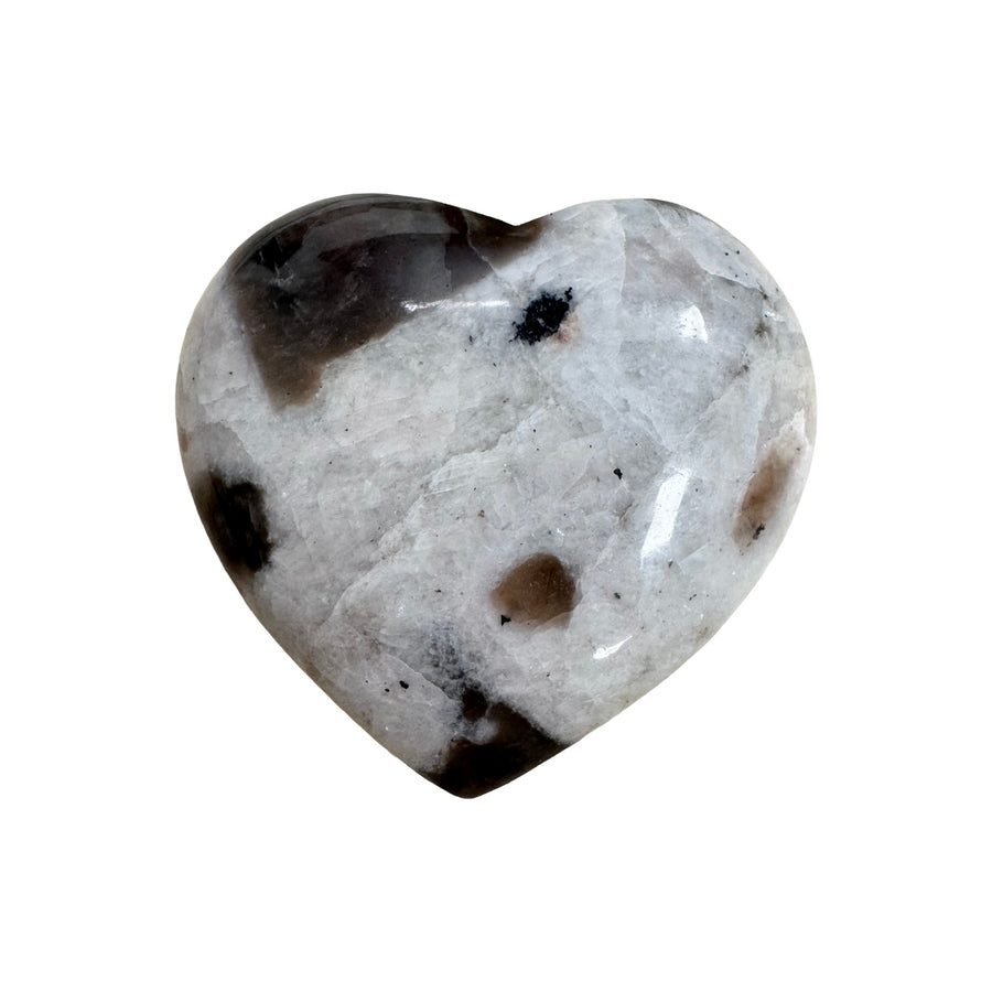 GeoFossils Polarity Moonstone Heart 5cm – hand-carved moonstone crystal heart with iridescent flash, balancing yin-yang energies, prepared in the UK.