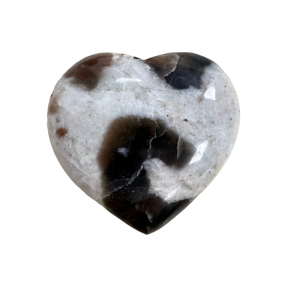 GeoFossils Polarity Moonstone Heart 5cm – hand-carved moonstone crystal heart with iridescent flash, balancing yin-yang energies, prepared in the UK.