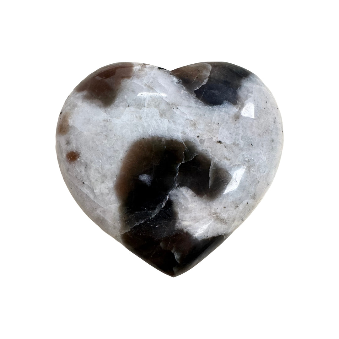 GeoFossils Polarity Moonstone Heart 5cm – hand-carved moonstone crystal heart with iridescent flash, balancing yin-yang energies, prepared in the UK.